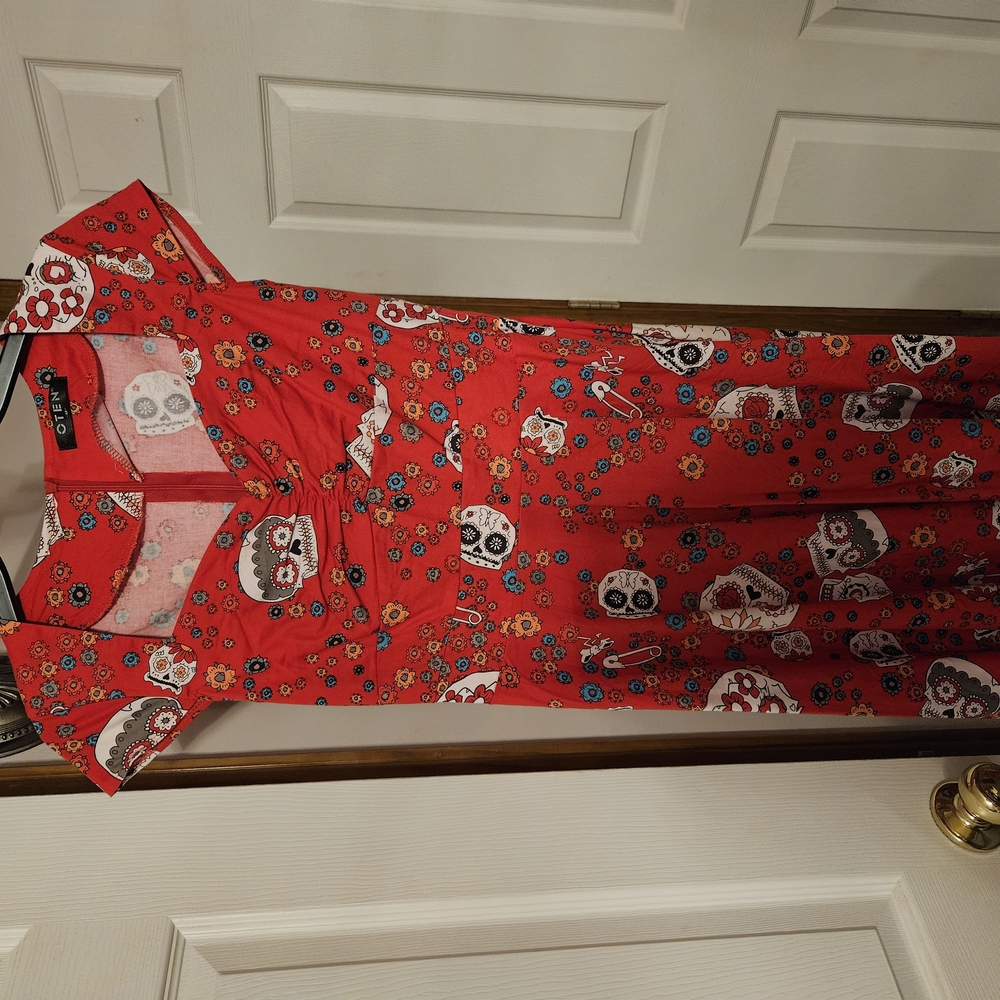 Hell Bunny Red Skull and Floral Midi Dress